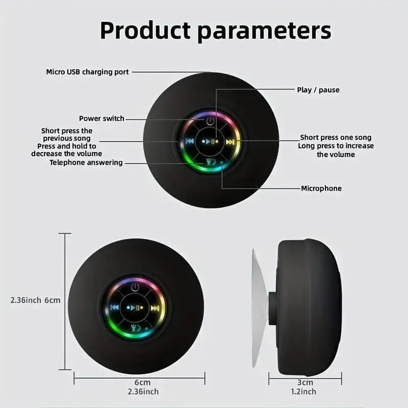 Mini Bluetooth Shower Speaker with LED light, Portable IPX4 Waterproof, Hands-Free Speakerphone, Wireless Stereo